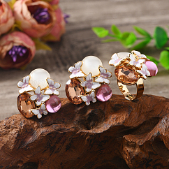 Elegant Vintage Flower Alloy Enamel Stud Earrings & Rings Sets, with Rhinestone, Colorful