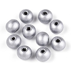 Spray Painted Round Natural Schima Wood Beads, Silver, 8~8.5x6.8mm, Hole: 1.8~2mm
