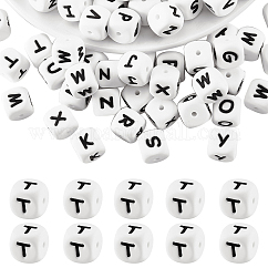 20Pcs White Cube Letter Silicone Beads 12x12x12mm Square Dice Alphabet Beads with 2mm Hole Spacer Loose Letter Beads for Bracelet Necklace Jewelry Making, Letter.T, 12mm, Hole: 2mm