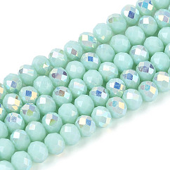 AB Color Plated Opaque Glass Rondelle Beads Strands, Faceted, Light Cyan, 4.5x3.5mm, Hole: 0.7~1mm, about 108~116pcs/strand, 14.76~16.73''(37.5~42.5cm)