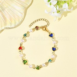 Natural Cultured Freshwater Pearl & Brass Glass Link Chains Bracelets for Women&nbsp;BJEW-JB14219