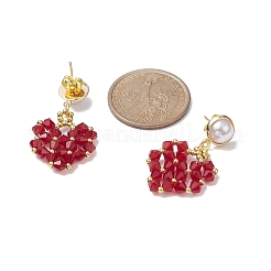 Glass Heart with ABS Plastic Pearl Dangle Stud Earrings&nbsp;EJEW-TA00233