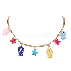 Lampwork Enamel & Starfish Synthetic Turquoise Pendant 304 Stainless Steel Figaro Chain Necklaces for Women&nbsp;NJEW-TA00212