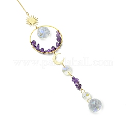 Glass Beads &  Natural Amethyst Chip Beads & Brass Hanging Suncatchers&nbsp;HJEW-JM04994-01