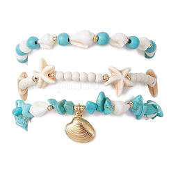 3Pcs 3 Styles Starfish Synthetic Magnesite & Turquoise Beaded Anklets&nbsp;AJEW-TA00030
