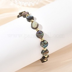 Natural Abalone Shell/Paua Shell Coin Beaded Stretch Bracelets with Round Brass Beads for Women&nbsp;BJEW-JB14169