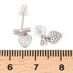 Heart with Bowknot 925 Sterling Silver Micro Pave Clear Cubic Zirconia Dangle Stud Earrings&nbsp;EJEW-C176-03P