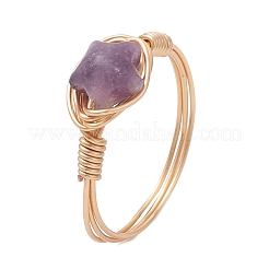 Golden Tone Copper Wire Wrapped Natural Gemstone Finger Rings&nbsp;RJEW-JR00983