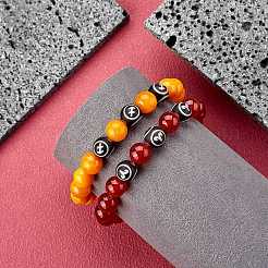 Dark Orange Natural Yellow Jade Round Beaded Stretch Bracelet&nbsp;BJEW-SW00077-07
