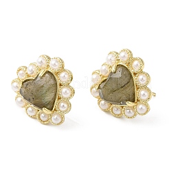 Ion Plating(IP) Natural Labradorite Heart Stud Earrings with Plastic Pearl Beaded&nbsp;EJEW-E599-02G-01
