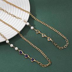 2Pcs 2 Colors Round White Shell Pearl & Heart 304 Stainless Steel Glass Link Chain Necklaces for Women&nbsp;NJEW-JN05594