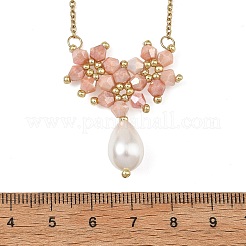 Electroplate Glass Beaded Flower Teardrop Pendant 304 Stainless Steel Cable Chain Necklaces&nbsp;NJEW-MZ00156-02