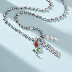 Mother's Day Brass Micro Pave Clear Cubic Zirconia Enamel Red Rose Flower Mama Pendant Necklaces for Women&nbsp;NJEW-A071-02P