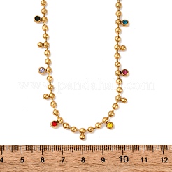 304 Stainless Steel Ball Chain Colorful Cubic Zirconia Flat Round Tassel Necklaces for Women&nbsp;NJEW-L157-10G