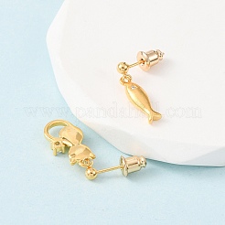 Cat Shape & Fish Brass Micro Pave Clear Cubic Zirconia Dangle Stud Earrings&nbsp;EJEW-F401-01G