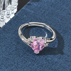 Adjustable Brass Finger Rings with Pink Heart Cubic Zirconia for Valentine's Day&nbsp;CU-CBA7E55-11P