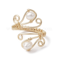 Copper Wire Wrapped Natural Cultured Freshwater Pearl Open Ring&nbsp;RJEW-JR00629