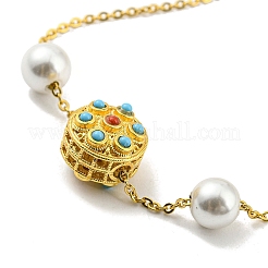 Brass with Synthetic Turquoise Flat Round Link Bracelet with Plastic Pearl Beaded&nbsp;BJEW-D030-05G
