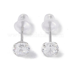 Rhodium Plated Diamond Shape 999 Fine Silver Cubic Zirconia Stud Earrings for Women&nbsp;EJEW-S215-06P