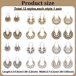 12 Pairs 12 Style Bohemia Hollow Out Heart & Flower & Teardrop & Flat Round Alloy Hoop Earrings&nbsp;EJEW-AN0003-37