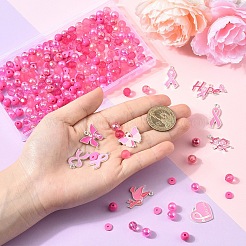 Breast Cancer Pink Awareness Ribbon Theme Alloy Enamel Pendants & Acrylic & Polymer Clay Beads Finding Kits&nbsp;DIY-YW0016-34