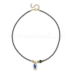 Printed 304 Stainless Steel Oval with Hand Pendant Synthetic Non-magnetic Hematite Round Beaded Necklaces&nbsp;NJEW-JN06690