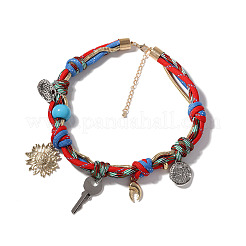 Bohemian Style Alloy Resin Key Flower Coin Pendant Braided Polyester Cord Necklaces for Women&nbsp;FS-WG3E501-01