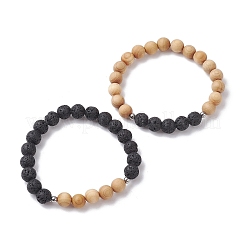 Natural Lava Rock & Wooden Round Beaded Stretch Bracelet&nbsp;BJEW-JB10075-02
