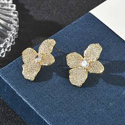 Four-Leaf Flower Brass & Clear Cubic Zirconia Stud Earrings&nbsp;KK-CBA36A2-08G
