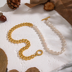 304 Stainless Steel Cuban Link Chain Natural Freshwater Pearl Rice Beaded OT Necklaces for Women&nbsp;SU5671