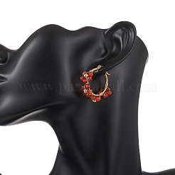 Flower Brass & Natural Carnelian Hoop Earrings&nbsp;EJEW-TA00781-01