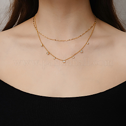 Light Luxury Stainless Steel Pave Clear Cubic Zirconia Flat Round Tassel Double Layer Necklaces for Women Daily Wear&nbsp;HJ1929-2