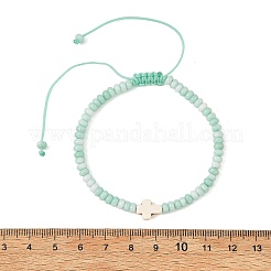 Adjustable Dyed Synthetic Turquoise Religion Cross & Ombre Effect Dyed Glass Rondelle Braided Bead Bracelets&nbsp;BJEW-JB14309