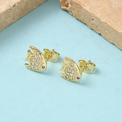 Fish Brass Micro Pave Clear Cubic Zirconia Stud Earrings&nbsp;EJEW-Z144-23G