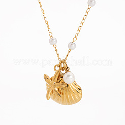 Ocean Stainless Steel & Imitation Pearl Shell Shape Starfish Pendant Necklaces for Women&nbsp;FX1473-2