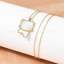 304 Stainless Steel Pave Natural White Shell Cute Cat Shaped Pendant Necklaces for Women&nbsp;NJEW-F339-01G
