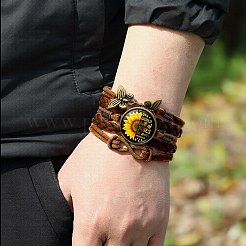 1Pc You Are My Sunshine Theme Flat Round with Sunflower Leather Cord Multi Strand Bracelets&nbsp;BJEW-CL0001-10