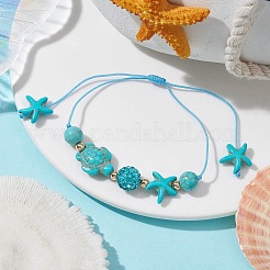 Starfish & Turtle Synthetic Turquoise(Dyed & Heated) Braided Bead Bracelets&nbsp;BJEW-JB09818-01