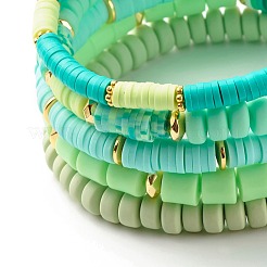 Natural Sandalwood Round & Polymer Clay Heishi Beads Stretch Bracelets Sets&nbsp;BJEW-JB07437
