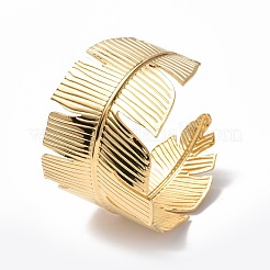 Ion Plating(IP) 304 Stainless Steel Feather Open Cuff Bangle for Women&nbsp;BJEW-F442-01G