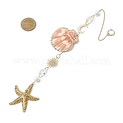 Electroplate Sea Shell & Glass & Stainless Steel Pendants Starfish Shell Hanging Suncatchers&nbsp;HJEW-JM04561