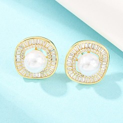 Nuggets Brass Micro Pave Clear Cubic Zirconia Stud Earrings&nbsp;EJEW-T051-06G