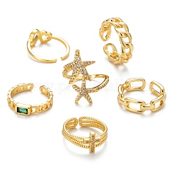 6Pcs 6 Styles Adjustable Brass Micro Pave Clear Cubic Zirconia Cuff Rings&nbsp;RJEW-LS0001-19G