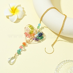 Wire Wrapped Natural Gemstone Chip Heart with Tree Pendant Decoration&nbsp;HJEW-FS00021