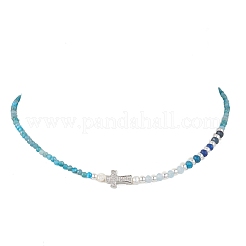 Natural Mixed Stone Faceted Round and Dyed Malaysia Jade & Pearl Beaded Necklaces with Brass Micro Pave Clear Cubic Zirconia Cross&nbsp;NJEW-JN05975