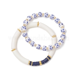 2Pcs 2 Styles Handmade Flower Porcelain Ceramic Round Beads Stretch Bracelets & Polymer Clay Heishi Beads Stretch Bracelets&nbsp;BJEW-JB12071