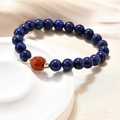 Natural Lapis Lazuli Round Beads & South Red Agate Bead Stretch Bracelets&nbsp;BJEW-Z101-01