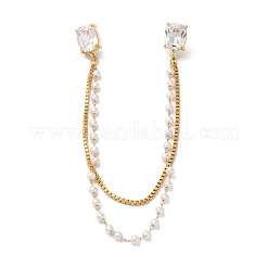 304 Stainless Steel Pave Clear Cubic Zirconia & ABS Pearl Rectangle Hanging Chain Brooch&nbsp;JEWB-S021-03G
