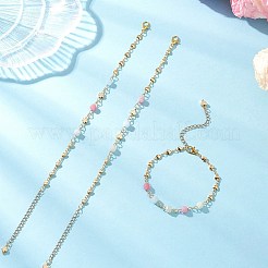 3Pcs Natural Morganite & Brass Beads Link Chain Bracelets for Women&nbsp;BJEW-JB12595
