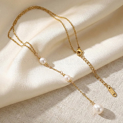 Adjustable Triple Faux Pearl Oval Tassel 304 Stainless Steel Lariat Y Necklaces for Women&nbsp;UT5440-1